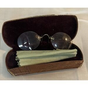 Antique Gold Filled Pince Nez Eyeglasses w/ Case c.1900s‎ Edwardian Rimless